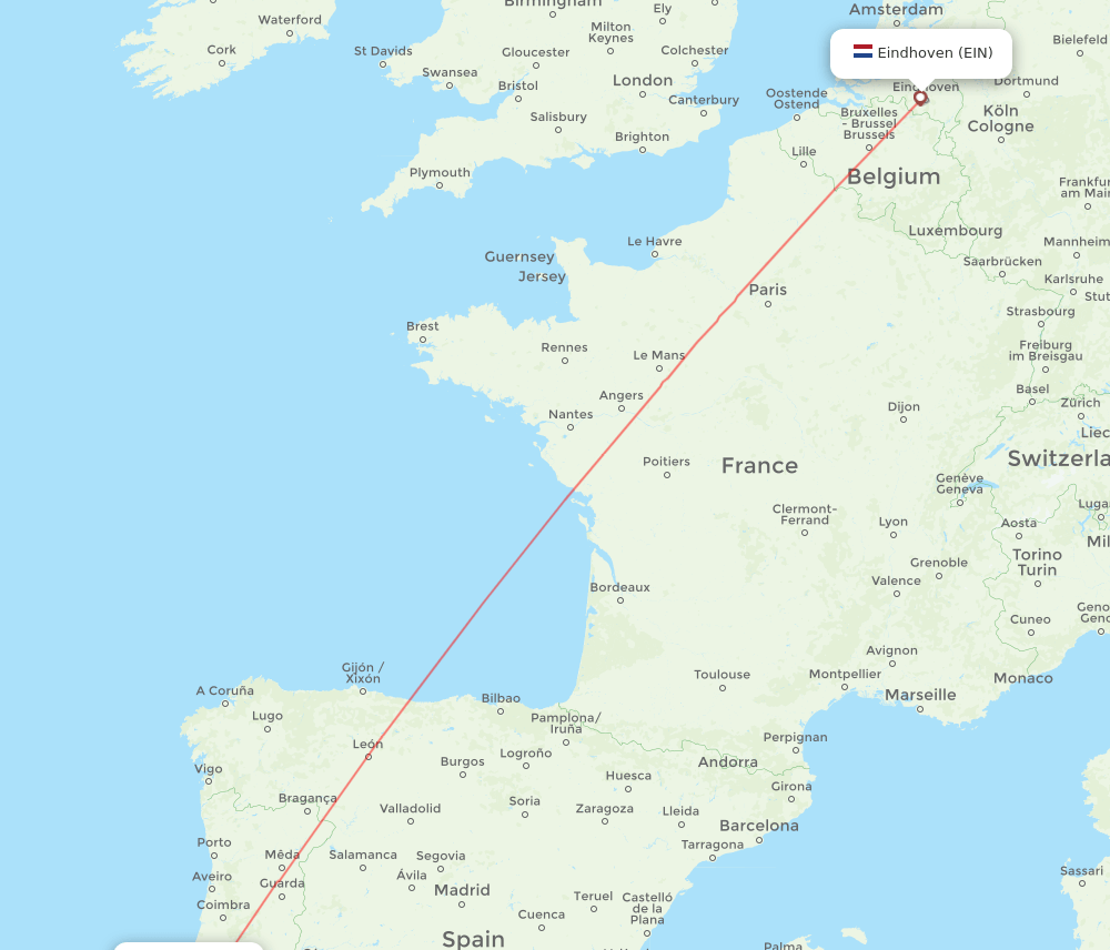 Eindhoven - Lisbon route map and flight paths