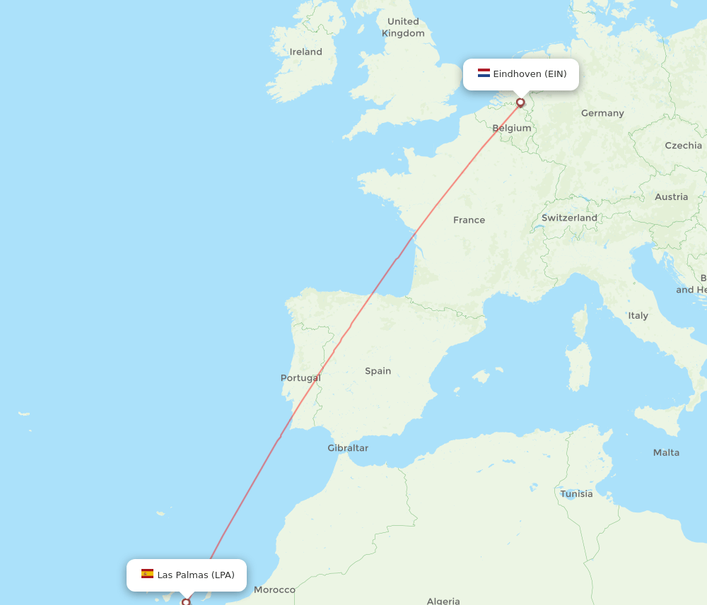 Eindhoven - Las Palmas route map and flight paths