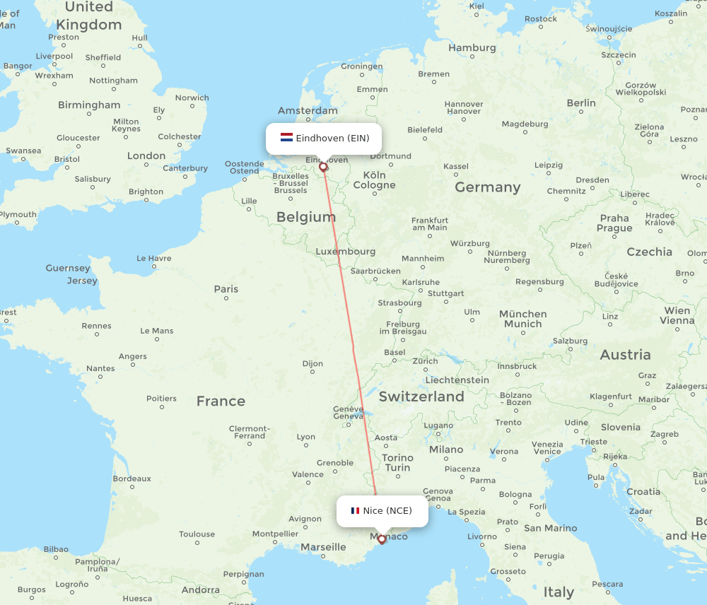 EIN to NCE flights and routes map