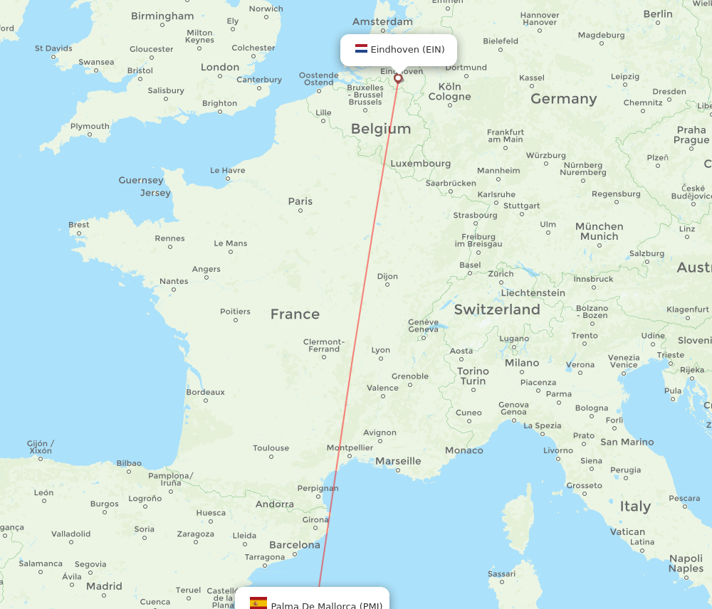 Eindhoven - Palma de Mallorca route map and flight paths