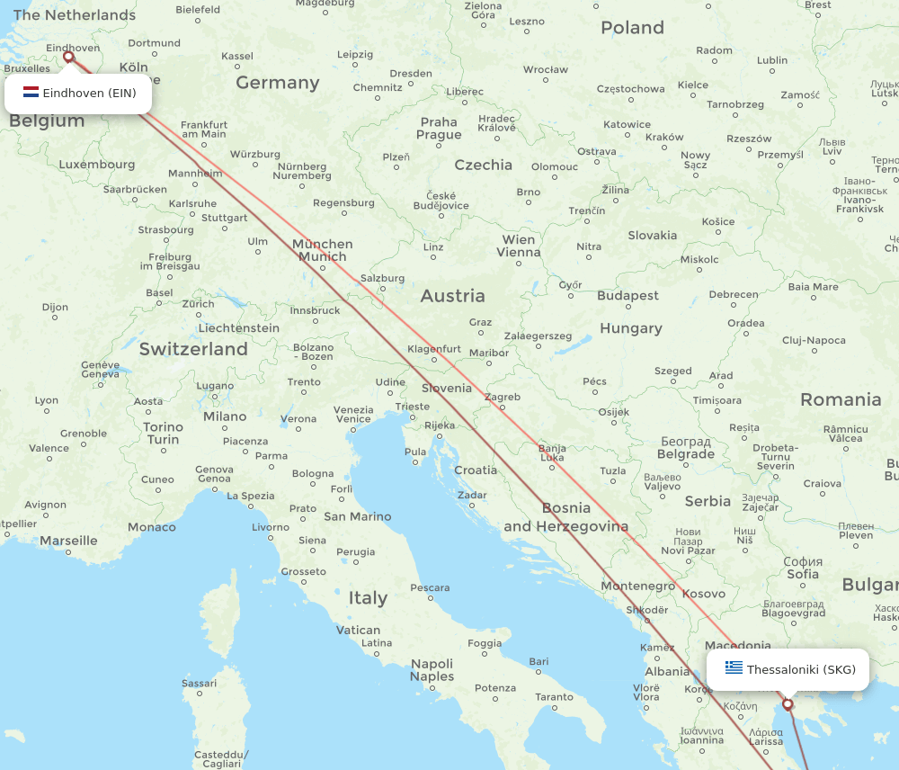 Eindhoven - Thessaloniki route map and flight paths