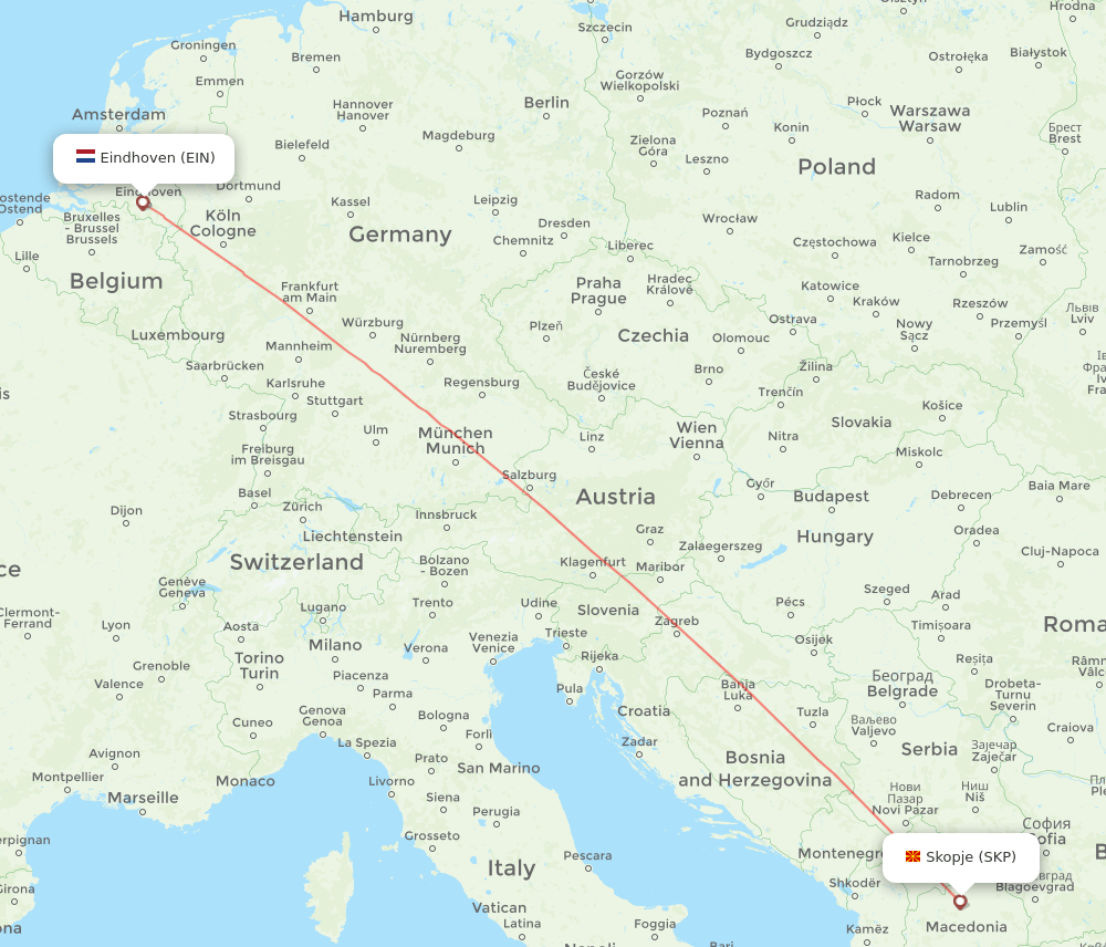 Eindhoven - Skopje route map and flight paths