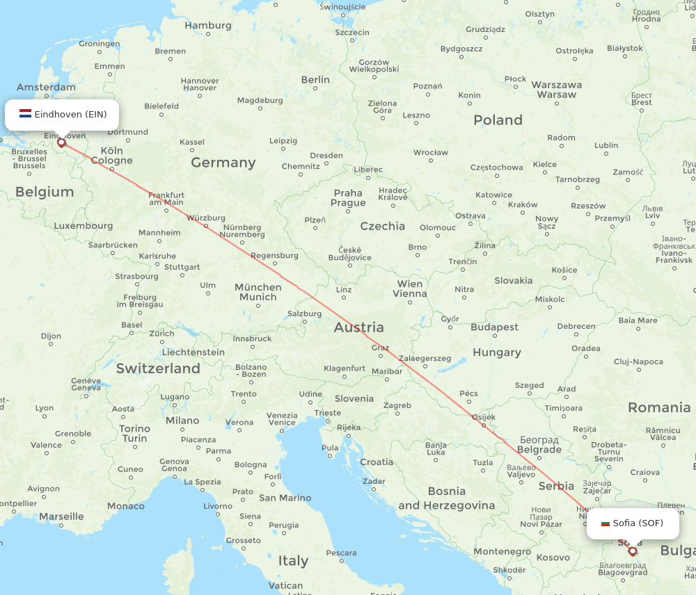 Eindhoven - Sofia route map and flight paths