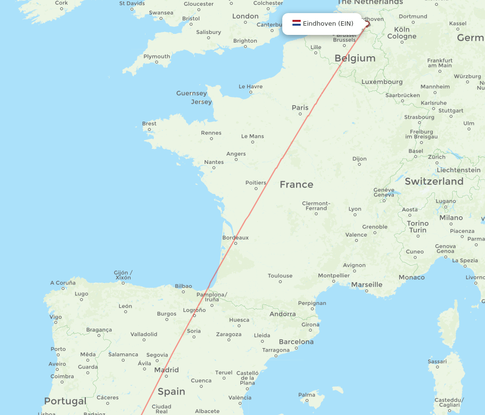 Eindhoven - Sevilla route map and flight paths