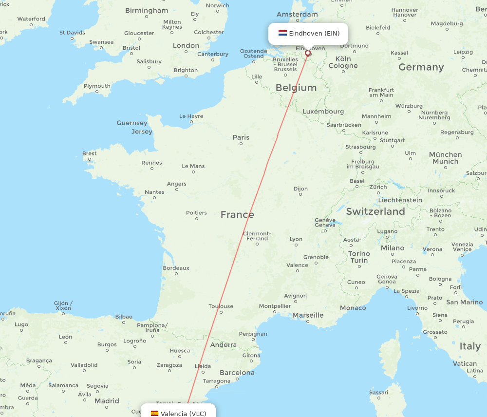 Eindhoven - Valencia route map and flight paths