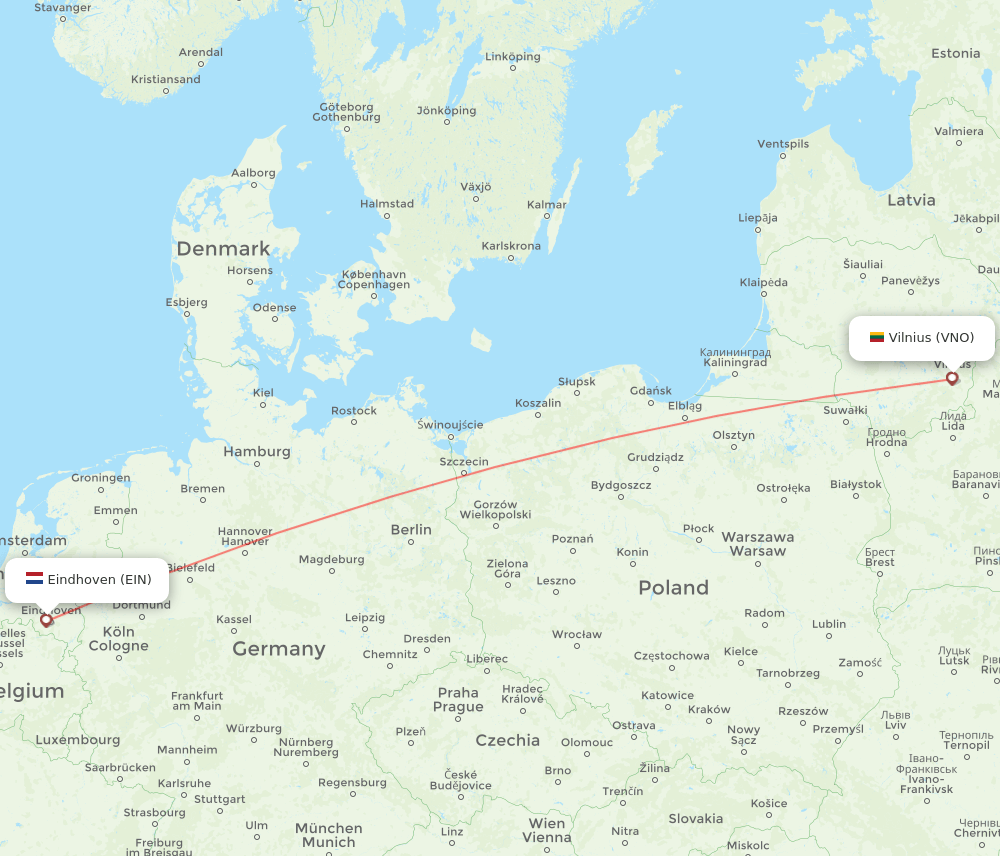 Eindhoven - Vilnius route map and flight paths