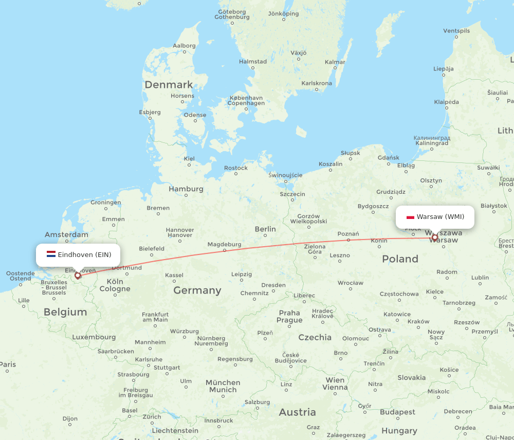 Eindhoven - Modlin route map and flight paths