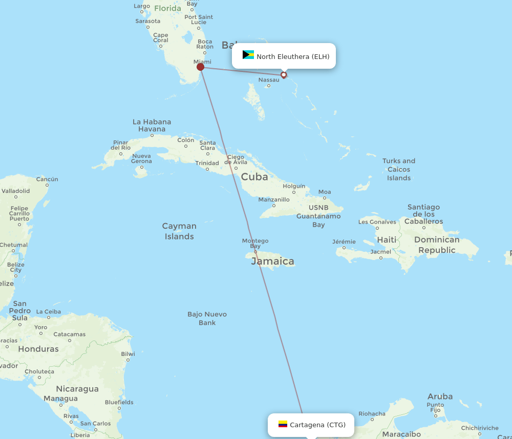 Cartagena - North Eleuthera route map and flight paths