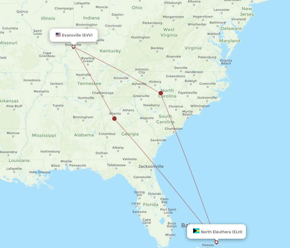 ELH-EVV flight routes