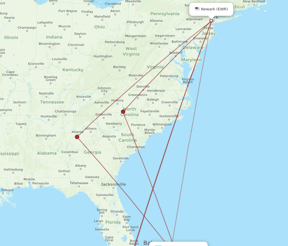 ELH-EWR flight routes