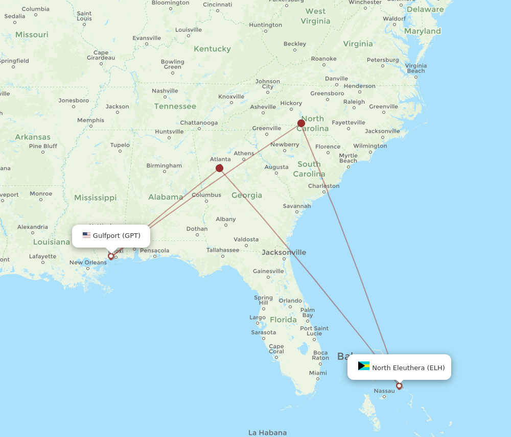 ELH to GPT flights and routes map