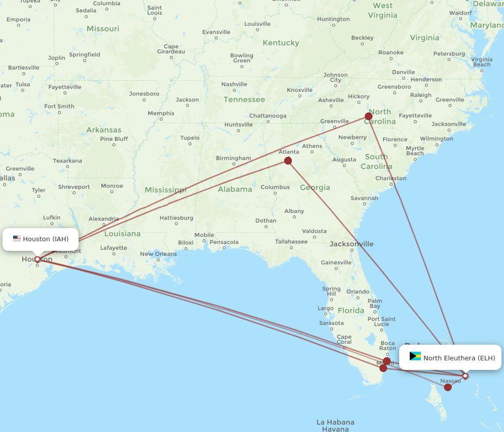 ELH-IAH flight routes