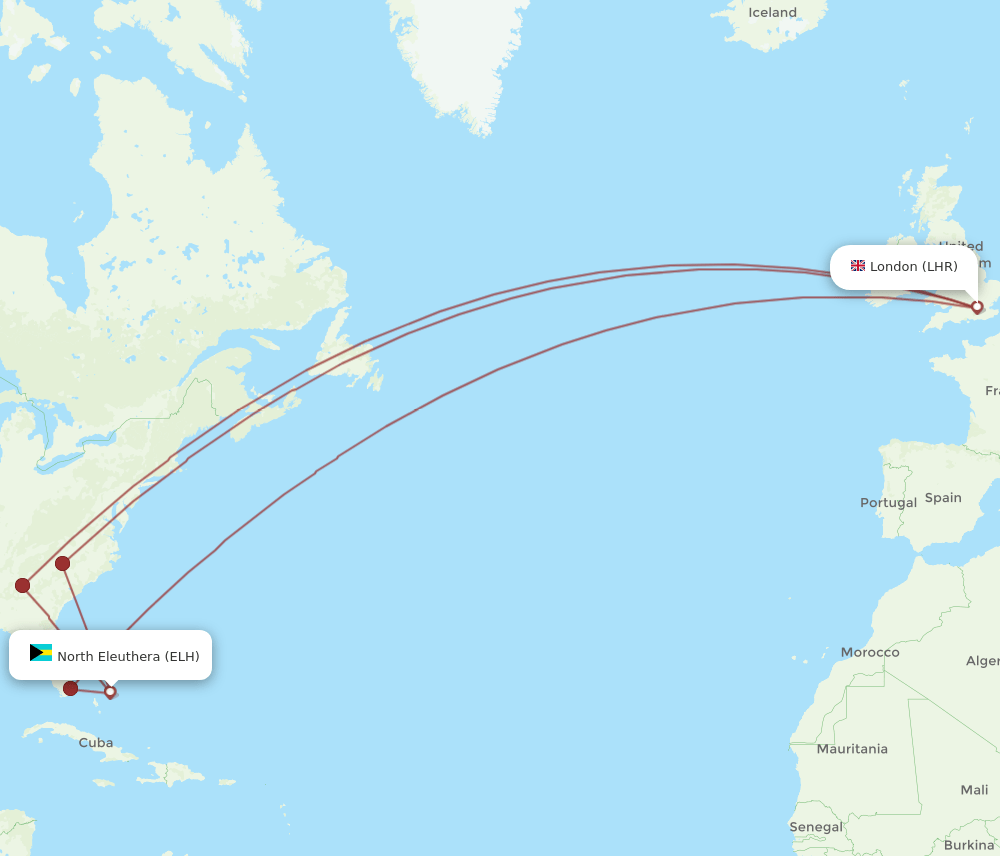 ELH to LHR flights and routes map