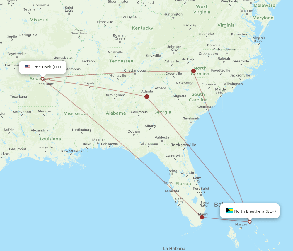 ELH to LIT flights and routes map