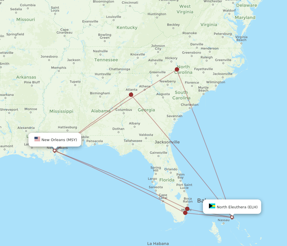 ELH to MSY flights and routes map