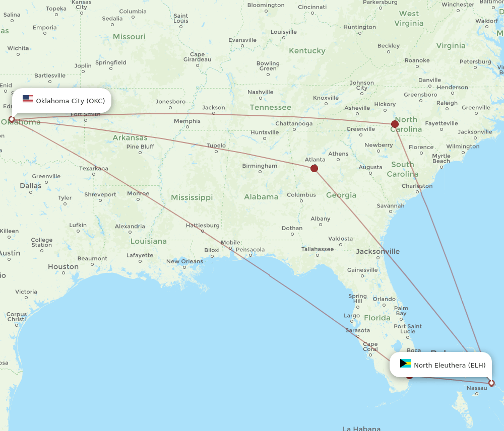 ELH-OKC flight routes
