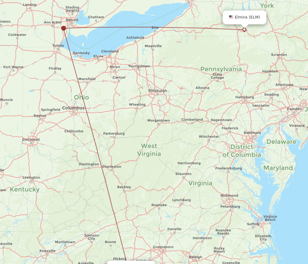 ELM-CLT flight routes