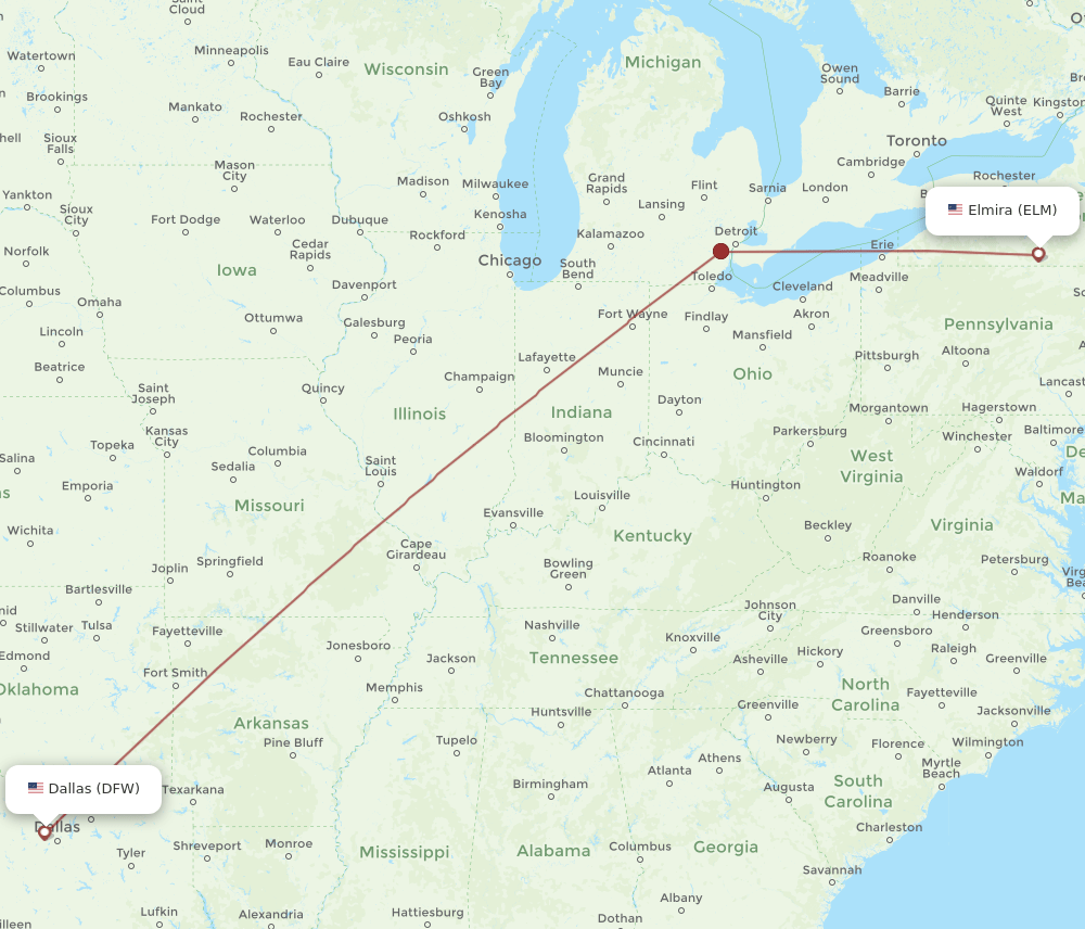 ELM-DFW flight routes