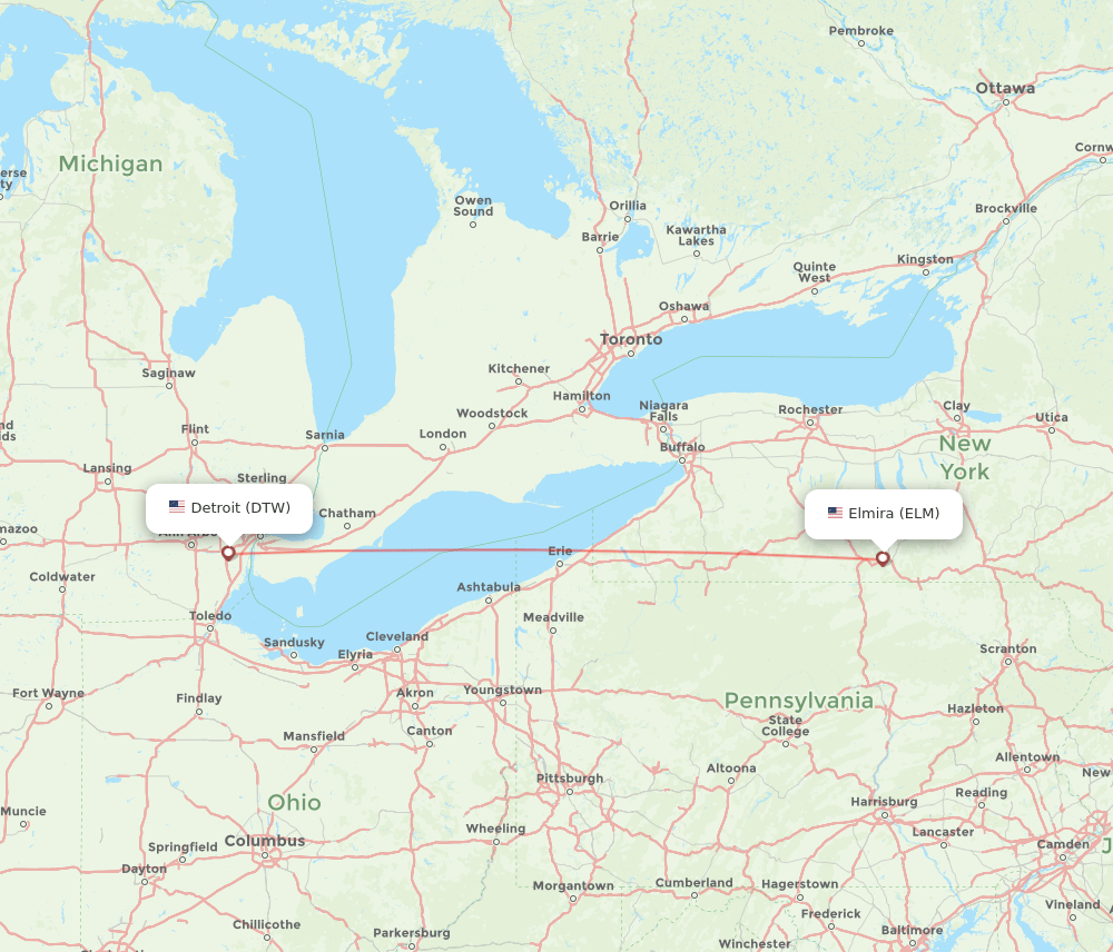 Elmira - Detroit route map and flight paths