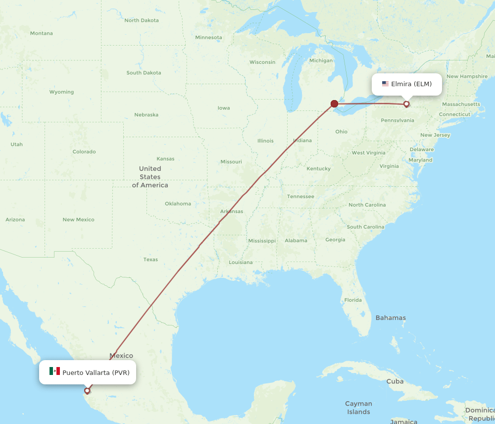 Elmira - Puerto Vallarta route map and flight paths