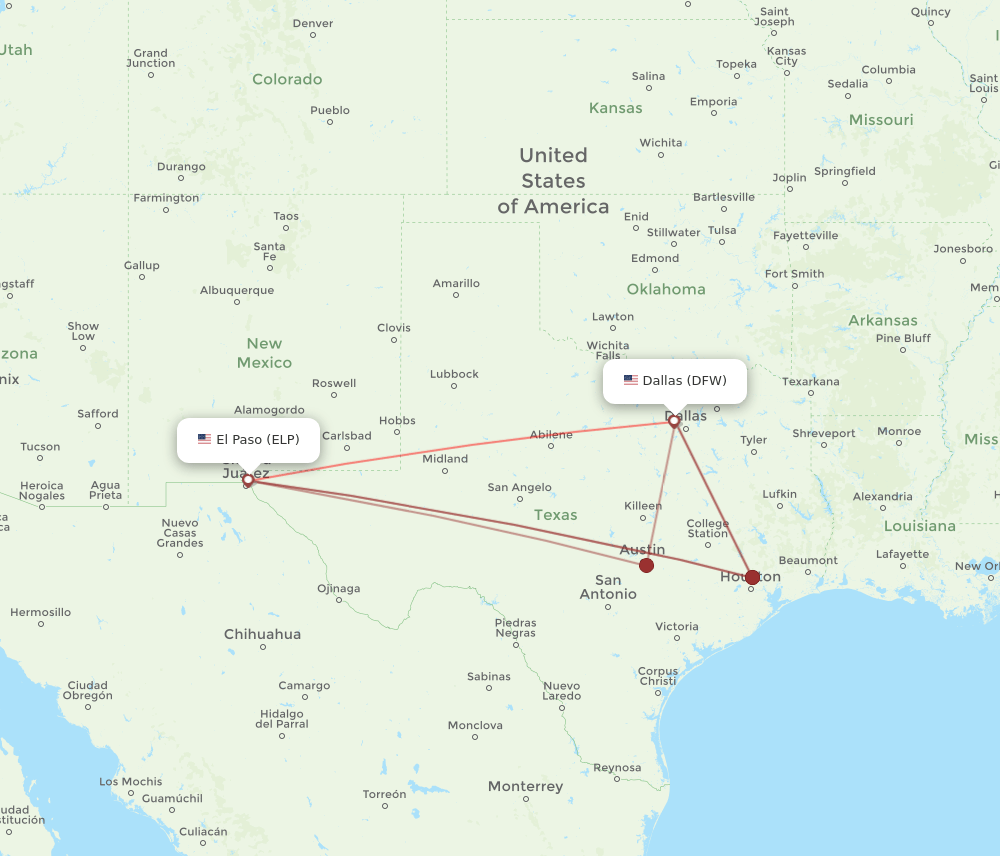 ELP to DFW flights and routes map