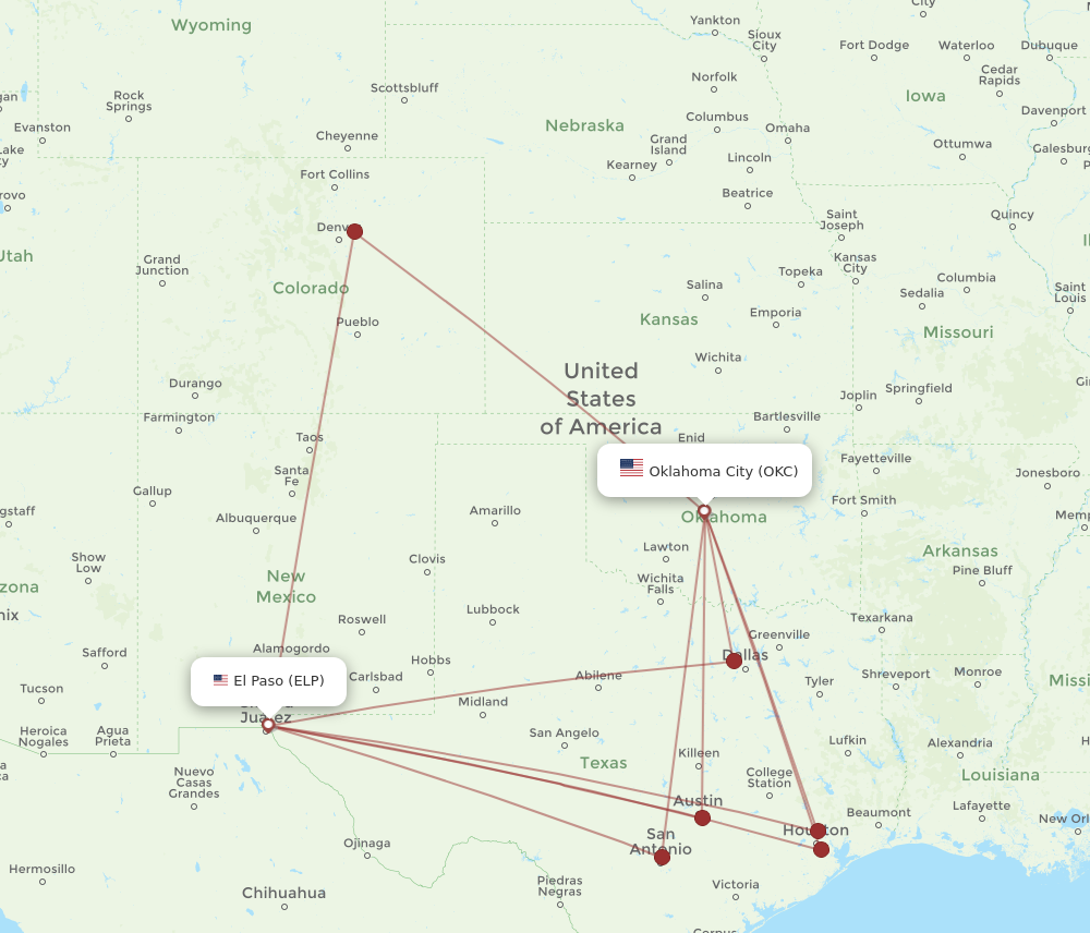 ELP to OKC flights and routes map