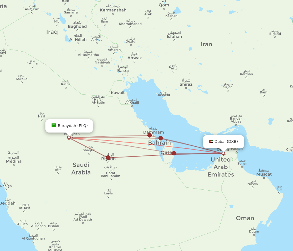 ELQ to DXB flights and routes map