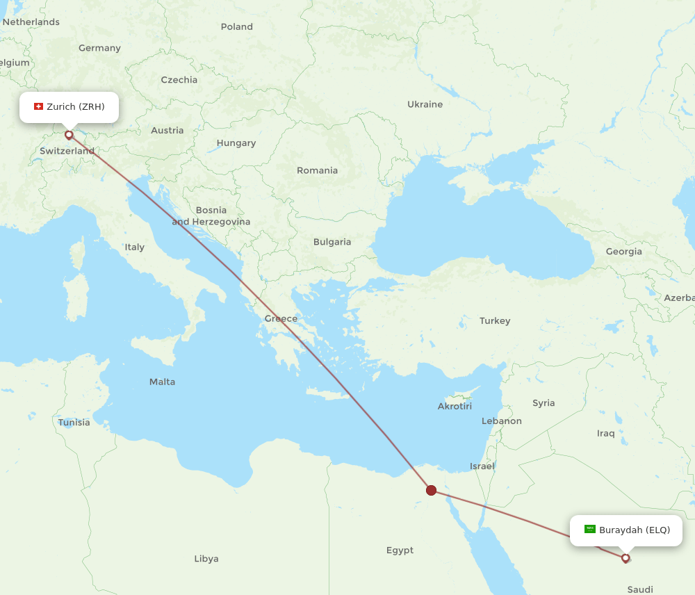 Zurich - Gassim route map and flight paths