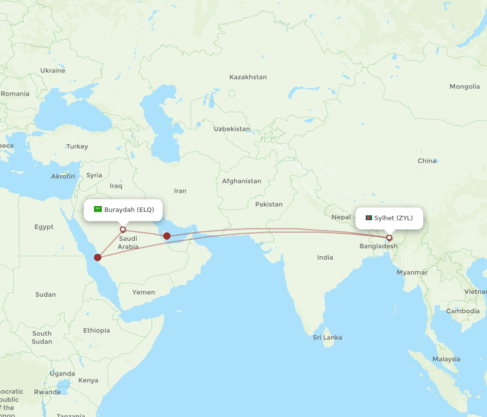 Sylhet - Gassim route map and flight paths