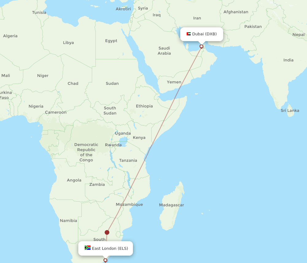 DXB to ELS flights and routes map