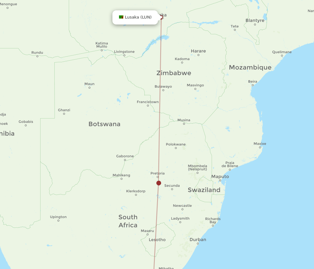 Lusaka - East London route map and flight paths