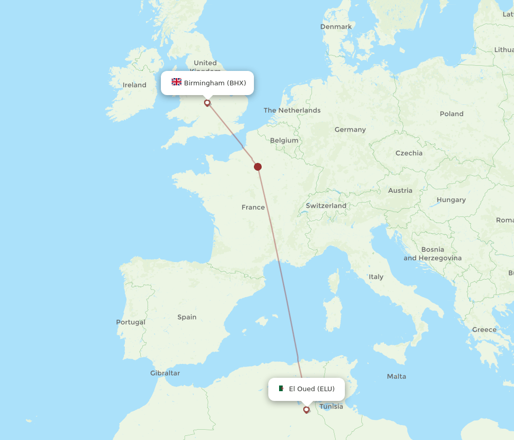 Birmingham - El Oued route map and flight paths