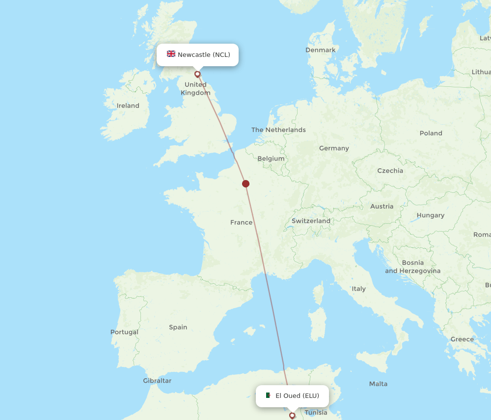 Newcastle - El Oued route map and flight paths