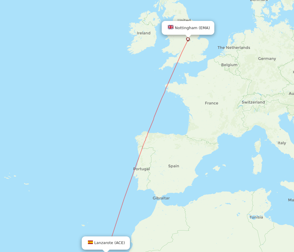 Leicestershire - Lanzarote route map and flight paths