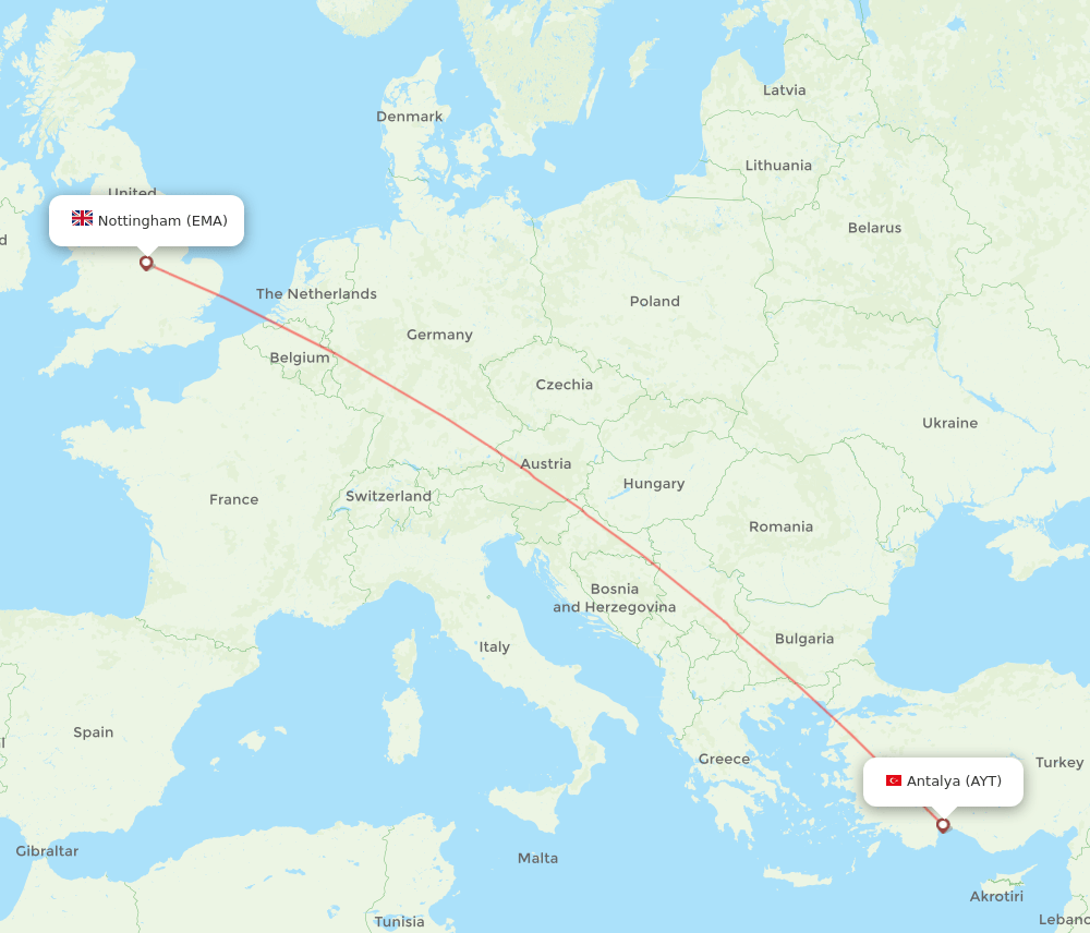 Leicestershire - Antalya route map and flight paths