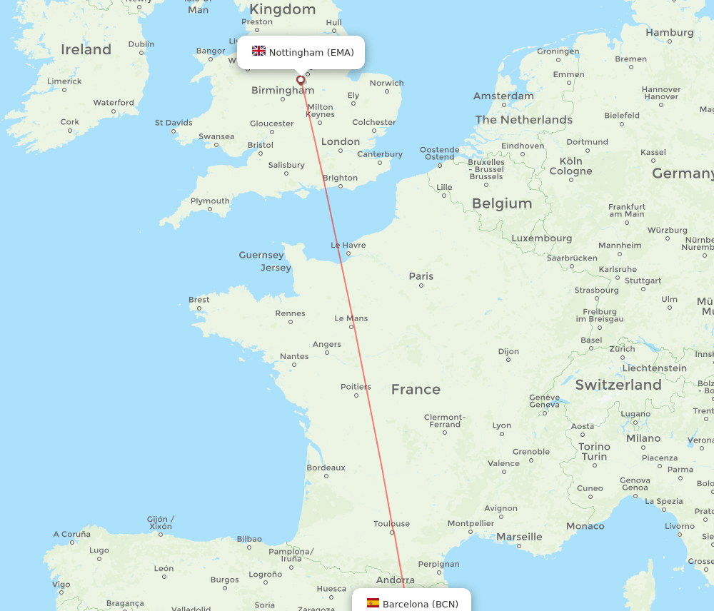 Leicestershire - Barcelona route map and flight paths