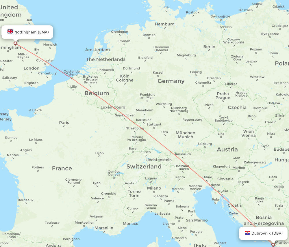 EMA to DBV flights and routes map