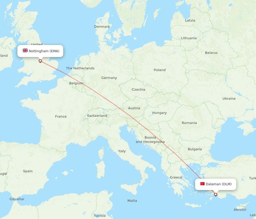 EMA to DLM flights and routes map