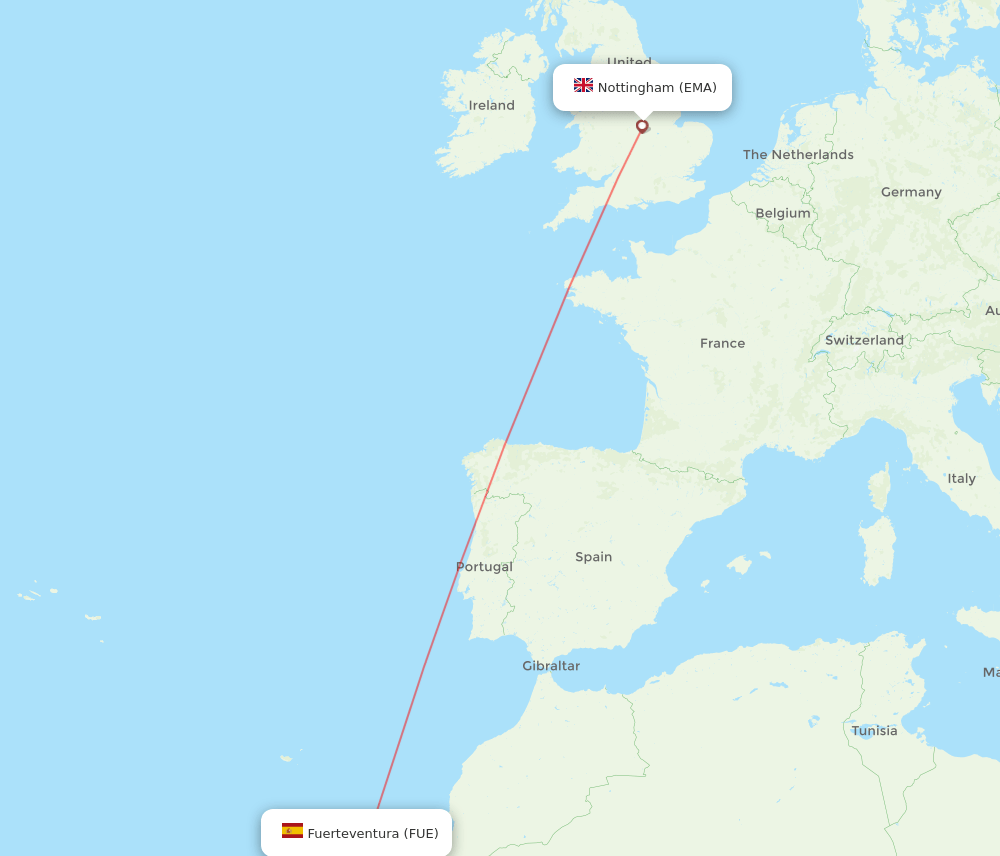 Leicestershire - Puerto del Rosario route map and flight paths