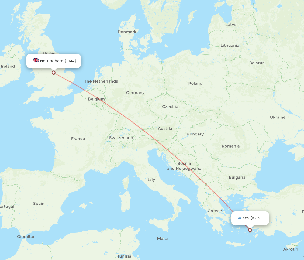 Leicestershire - Kos route map and flight paths