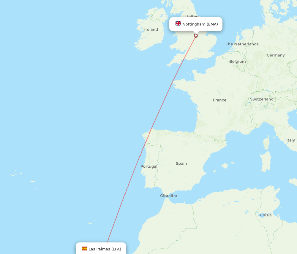 Leicestershire - Las Palmas route map and flight paths