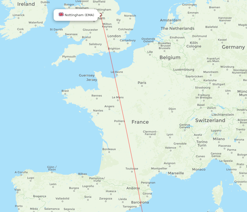 Leicestershire - Palma de Mallorca route map and flight paths