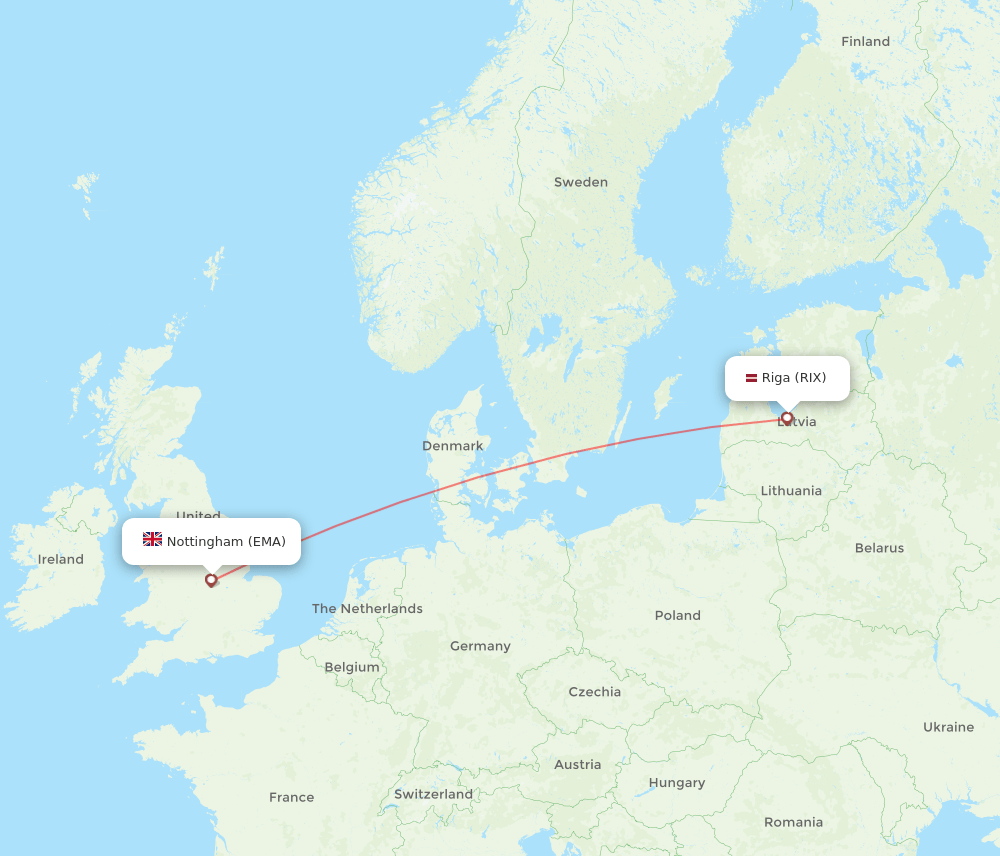 EMA to RIX flights and routes map