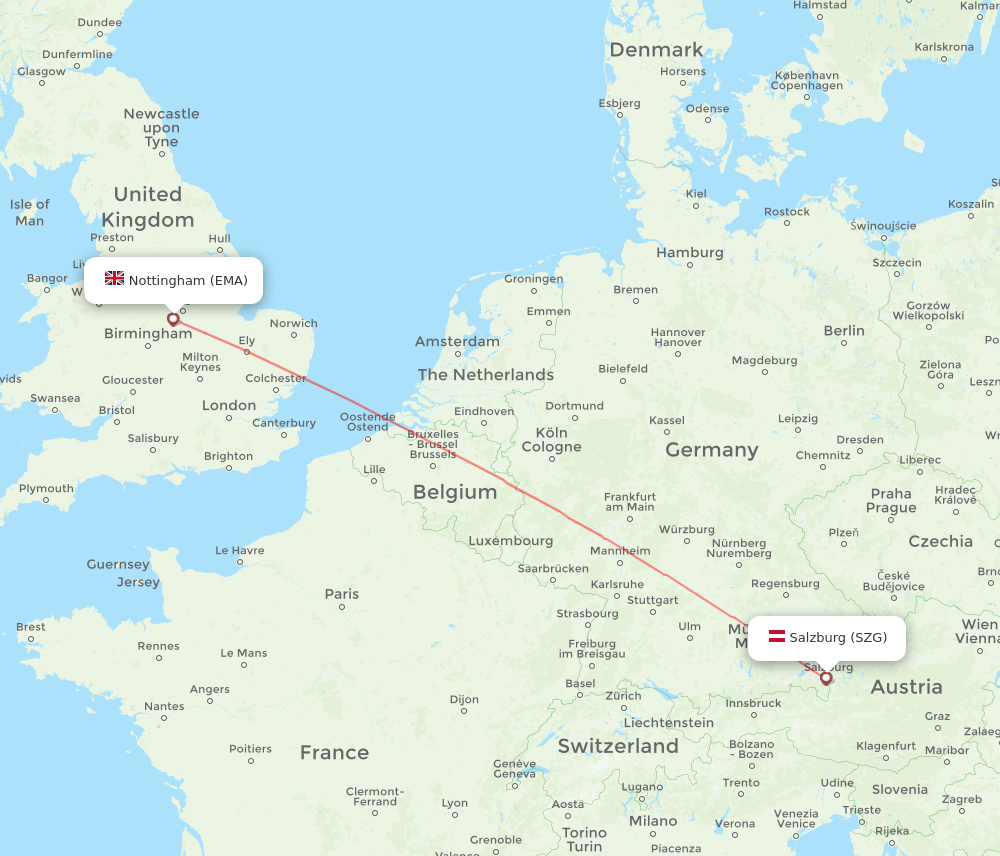 Leicestershire - Salzburg route map and flight paths