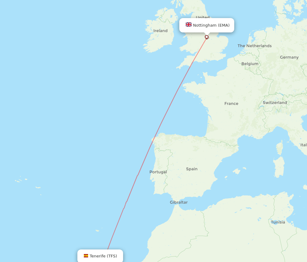 Leicestershire - Tenerife route map and flight paths