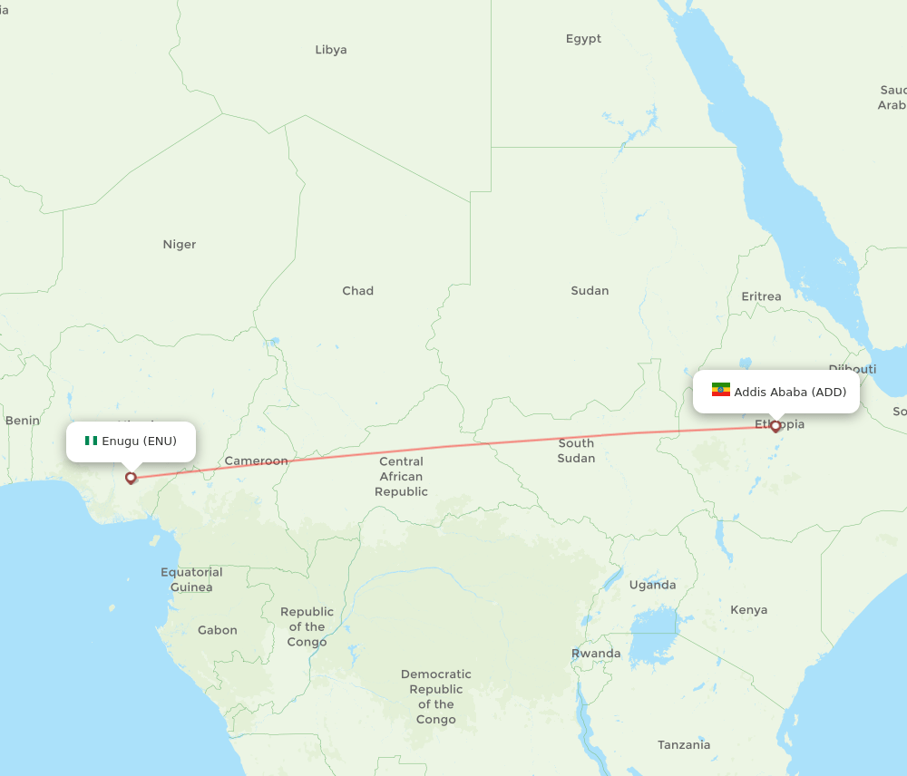 Enugu - Addis Ababa route map and flight paths