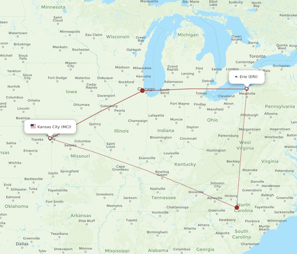 ERI to MCI flights and routes map