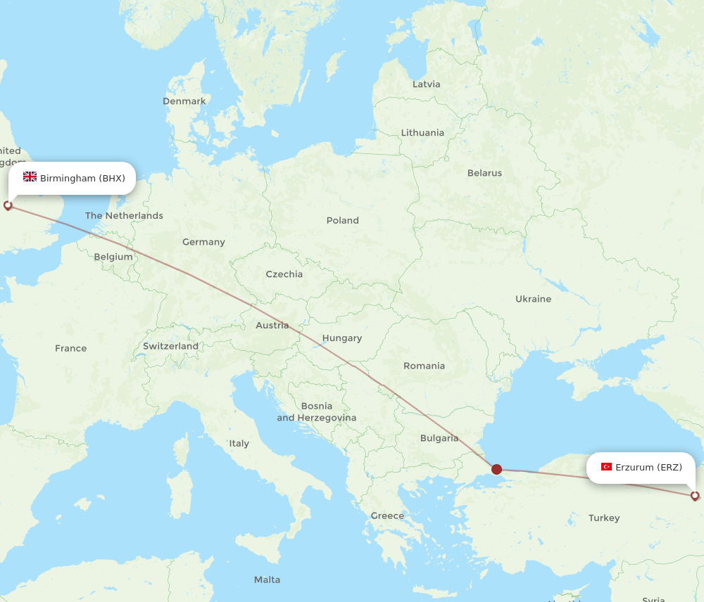 Birmingham - Erzurum route map and flight paths