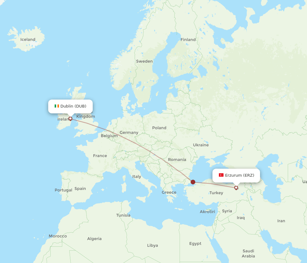 Dublin - Erzurum route map and flight paths