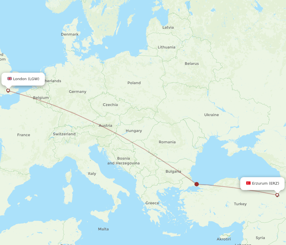 London - Erzurum route map and flight paths